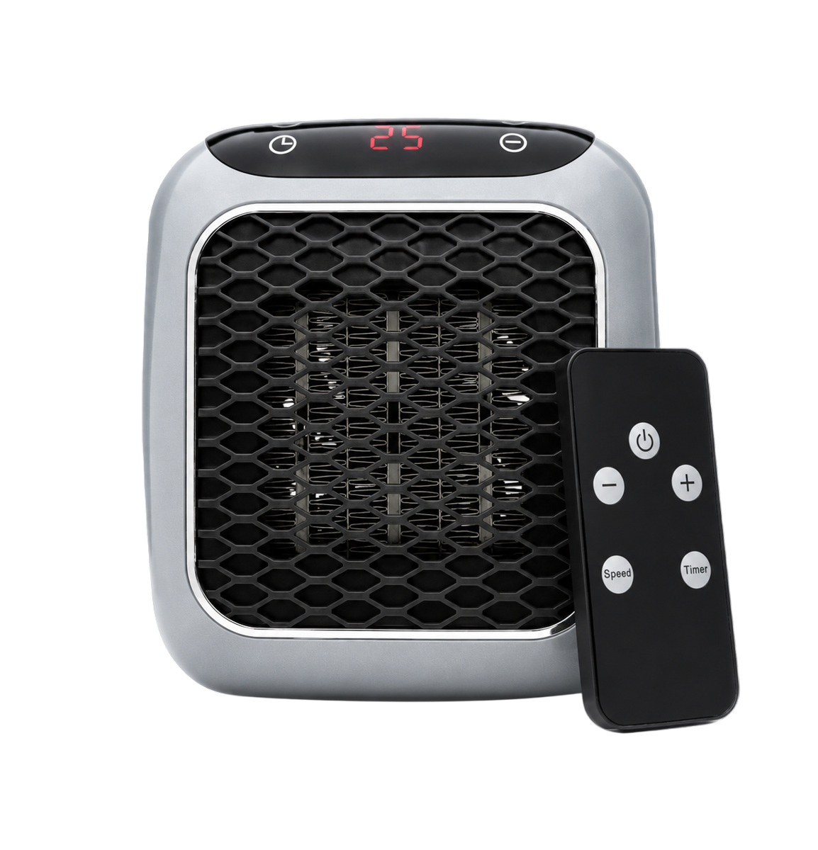 RapidHeat heater beside its handheld remote control with timer button